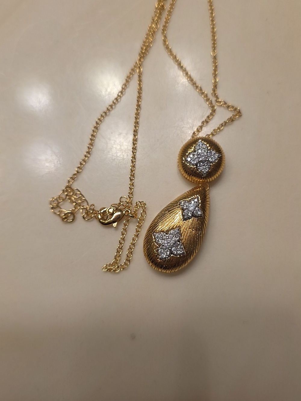 By Adina Eden Gold Ribbed Teardrop Pavé Clover Flower Pendant Necklace 16"-18"
